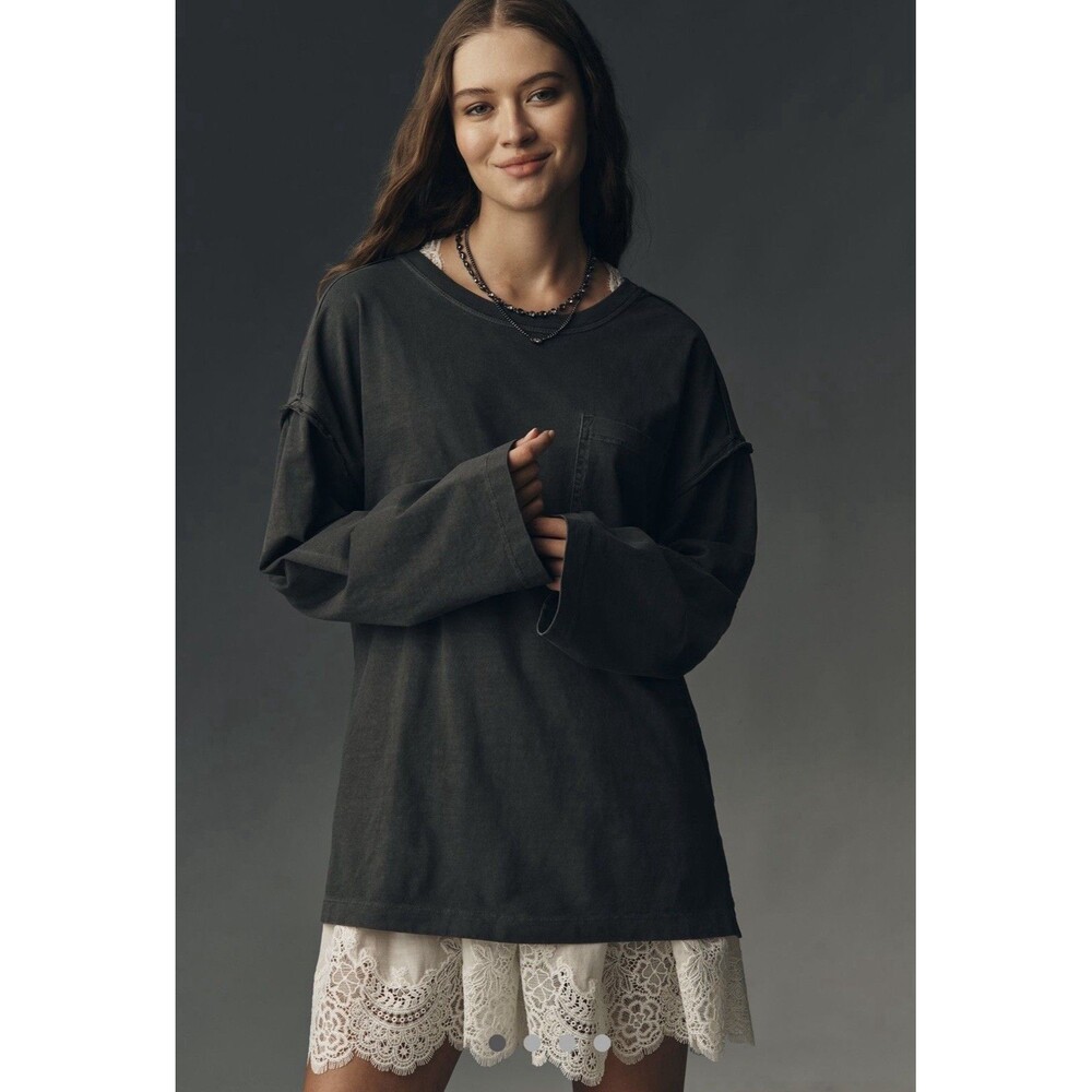 Anthropologie Pilcro Long Sleeve Pocket Boyfriend Tee Black Size Small EUC